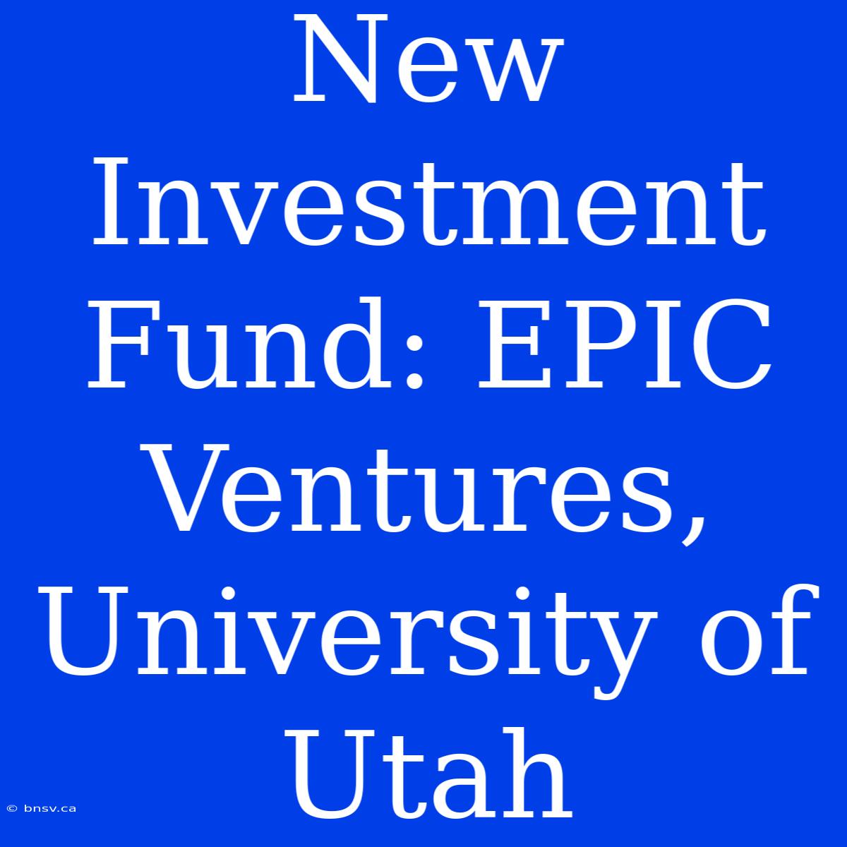 New Investment Fund: EPIC Ventures, University Of Utah